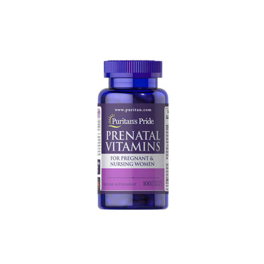 A bottle of Puritan's Pride Prenatal Vitamins 100 Coated Caplets, specifically designed for pregnant and lactating women, on a white background.
